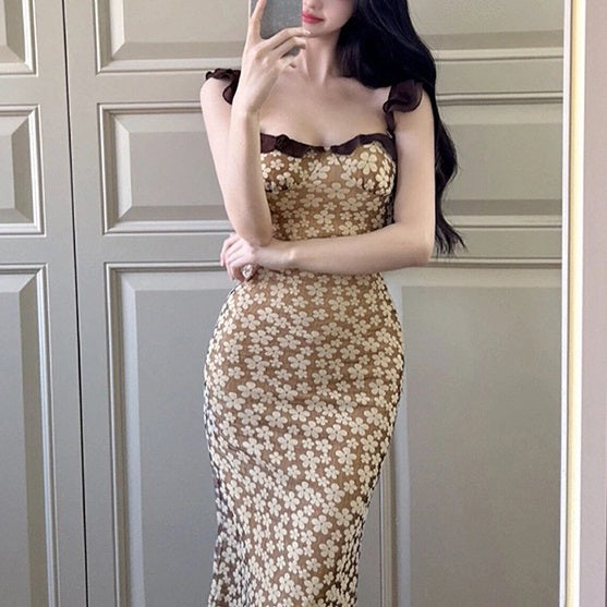 French Style Flying Sleeve Printed Sheath Spring And Summer Pure Design Long Dress