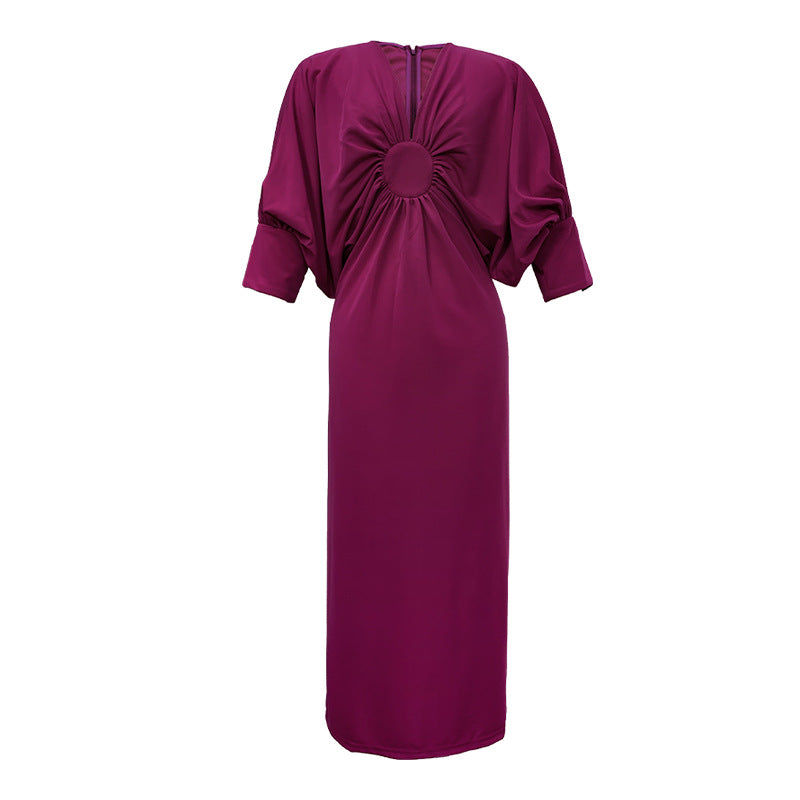 Long Sleeve Pleated Waist Wrapped Slim Dress