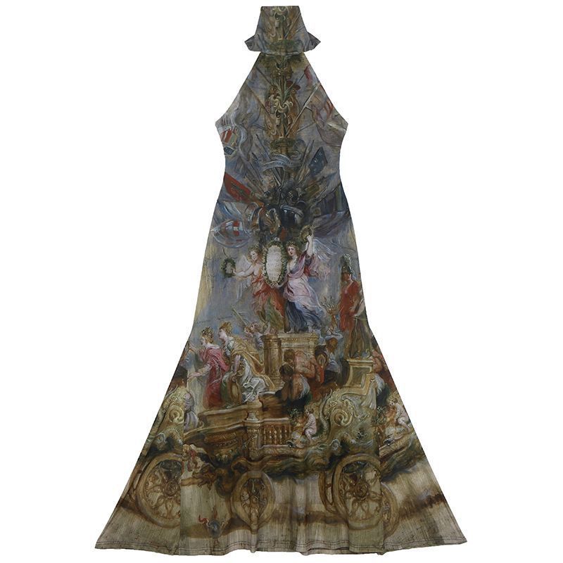Homemade Retro European Oil Painting Style Cross Wooden Ring Backless High Collar Slimming Dress