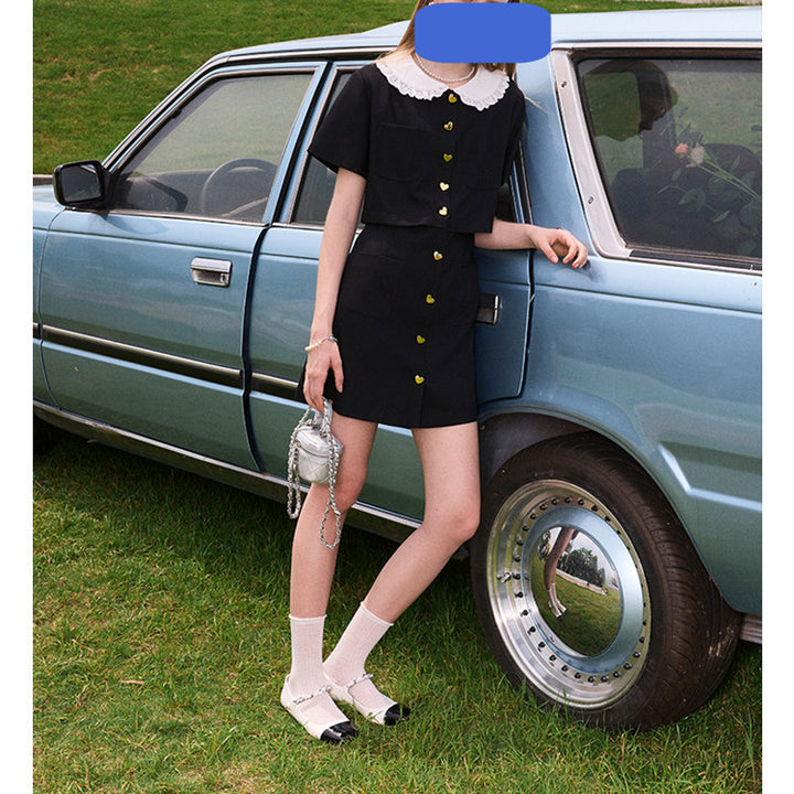 Fake Two Black Doll Collar Waist Slim Temperament Dress