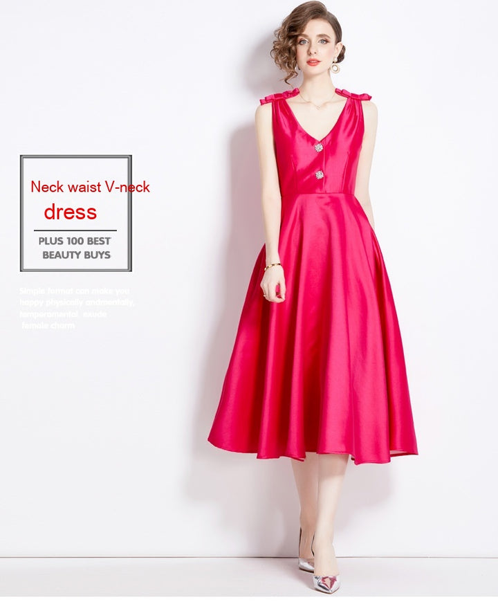 Three-dimensional Bow Diamond V Neck Tight Waist Large Hem Dress