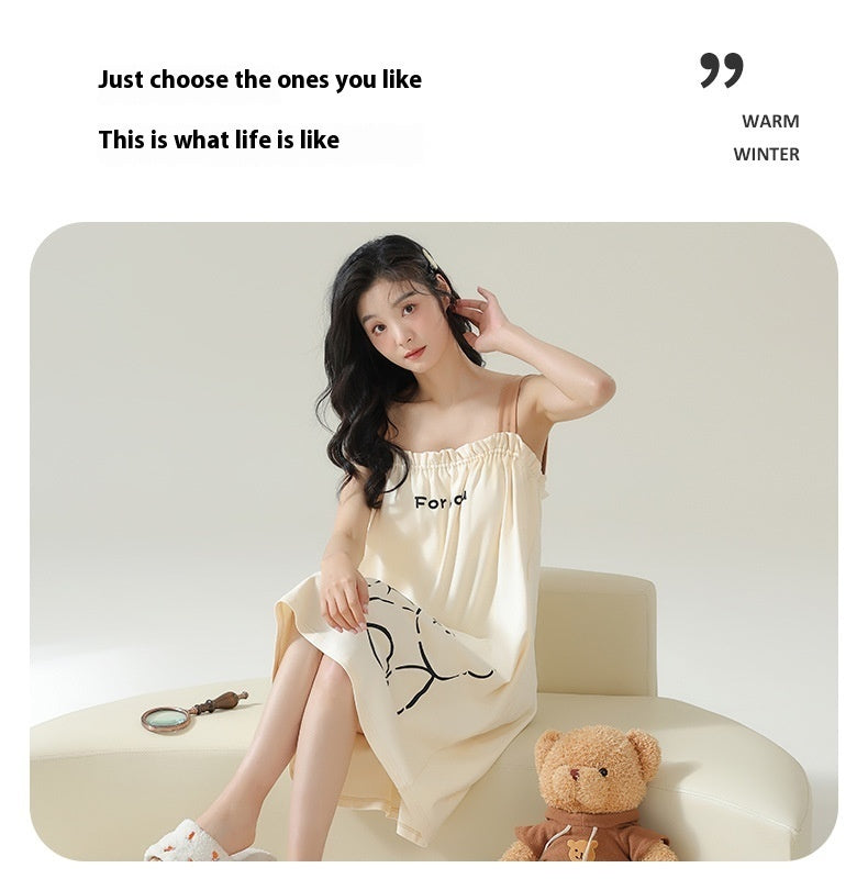 Summer Thin Cotton Homewear Cartoon Young Girl Mid-length Nightdress