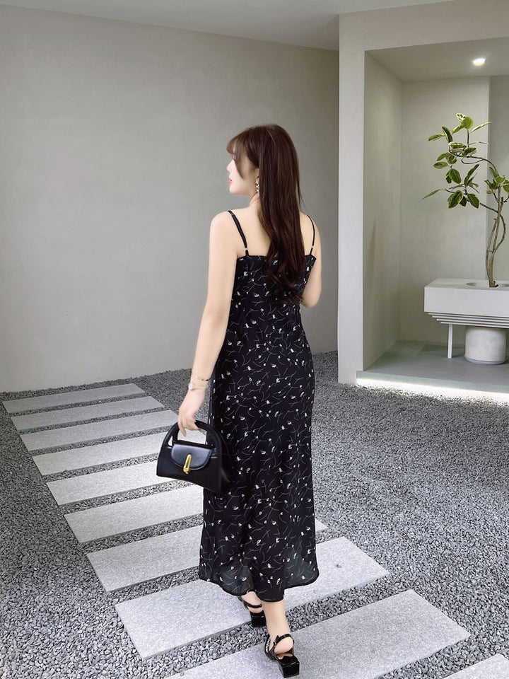 Little Moonlight Waist Lace Up Print Suspended Dress