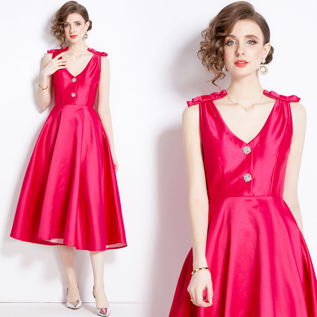 Three-dimensional Bow Diamond V Neck Tight Waist Large Hem Dress