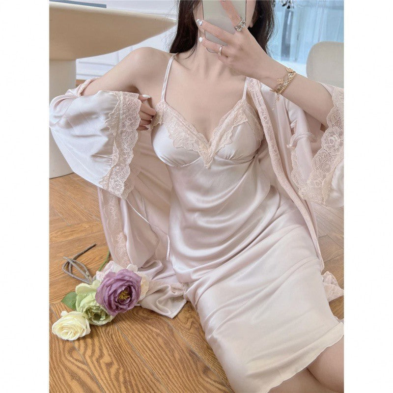 Suspender Pajamas Women's Ice Silk Padded Nightdress Two-piece Set