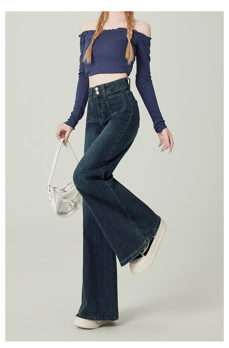 Women’s Vintage Blue High Waist Jeans – Distressed Multi-Pocket Denim-SH-BT-018