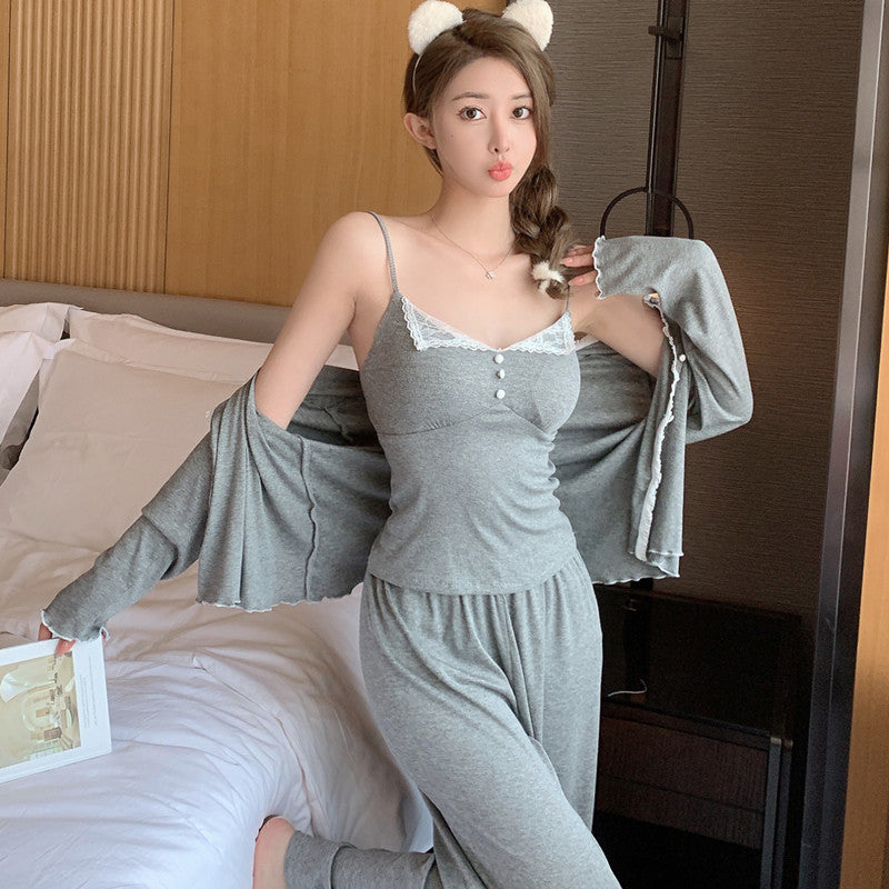 Modal Pajamas Suit Sling Nightgown Three-piece Set Can Be Outerwear Homewear
