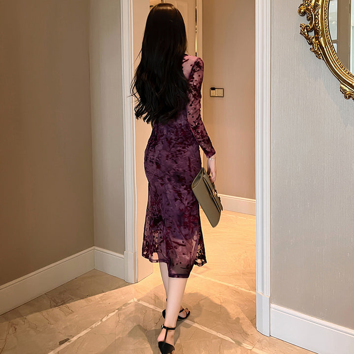 Female French Square Collar Plum Woven Velvet Mesh Yarn Slim Fishtail Dress