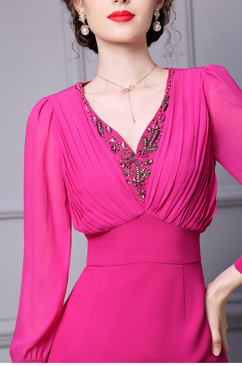 Solid Color Temperament Nailed Diamond Long Sleeve Slim Fit Skirt