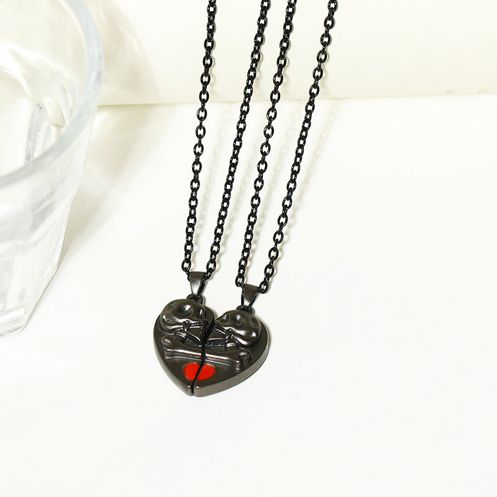 Punk Retro Skull Pendant Halloween Necklace Heart-shaped Magnetic Stitching Love Skull Couple Necklace - JOcaste
