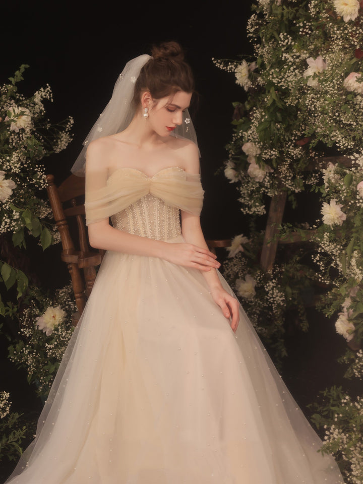 Wedding Dress Women's Off-shoulder Pearl Long Gauzy Skirt