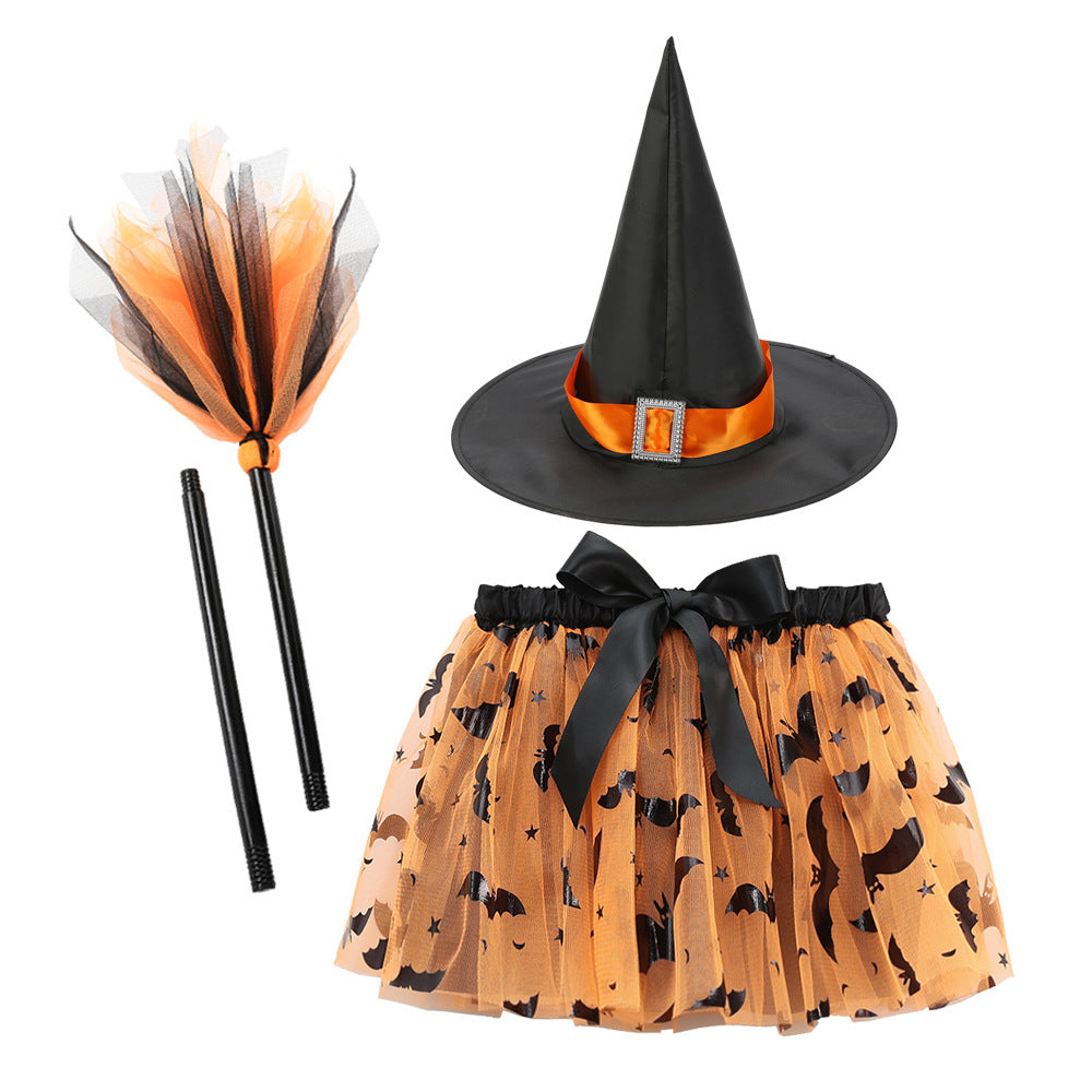 Halloween Printed Mesh Pumpkin Skirt For Girls