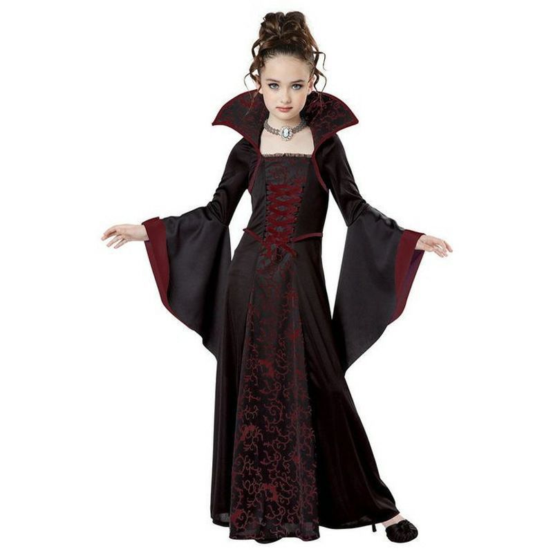 Children's Halloween Costume Witch Retro Lace Up Stand-up Collar Flared Sleeves Printed Maxi Dress - JOcaste