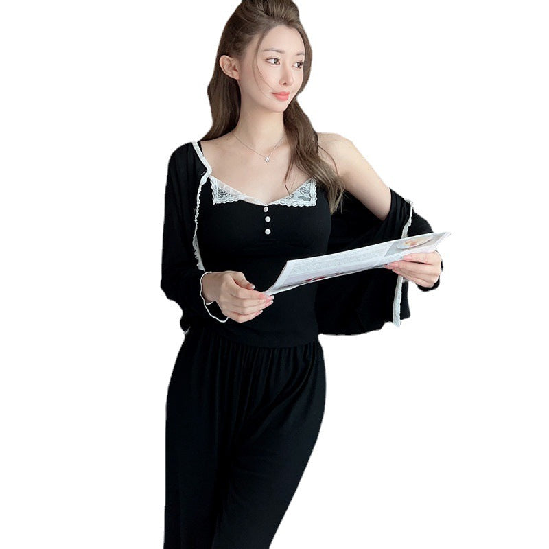 Modal Pajamas Suit Sling Nightgown Three-piece Set Can Be Outerwear Homewear