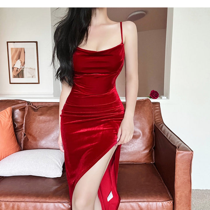 Christmas Red Dress With Waist Folds And Slit