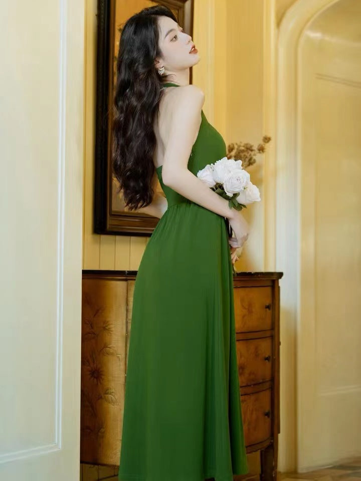 Vintage Dark Green Waistband Halter Dress
