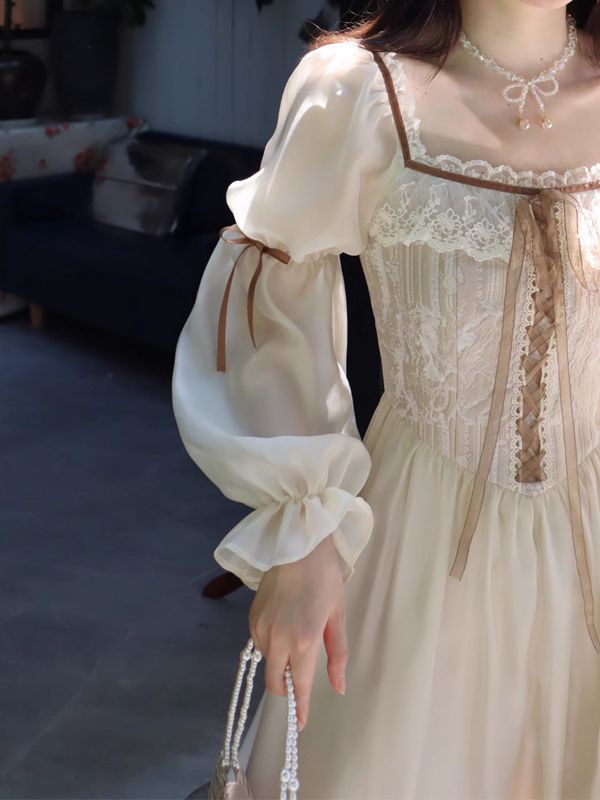 French Retro Long Dress Court Style Square Collar
