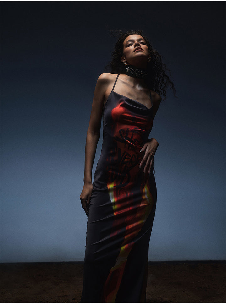 Ladies Flame Printed Backless Halter Neck Long Dress - JOcaste
