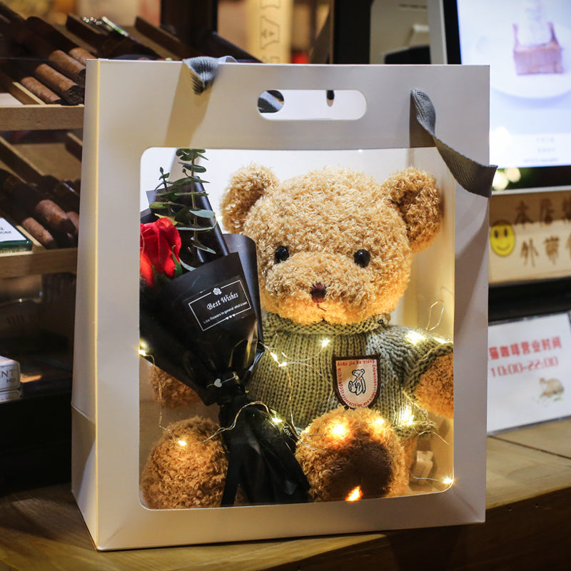 Soft Plush Stuffed Bear with Colored Lights & Bouquet – Perfect Gift for All Occasions