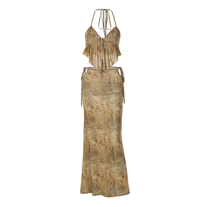 Fashion Printed Tube Top Slim Fit Tied Skirt Suit