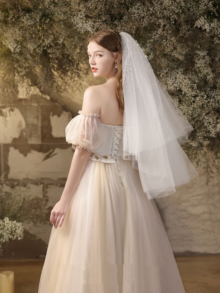 Bridal Wedding Dress White Bra Beaded Midi Gauze Dress
