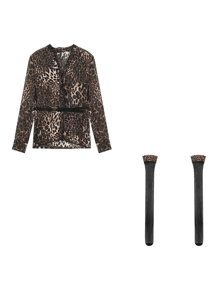 Leopard Print V-neck Long Sleeve Chiffon Shirt For Women