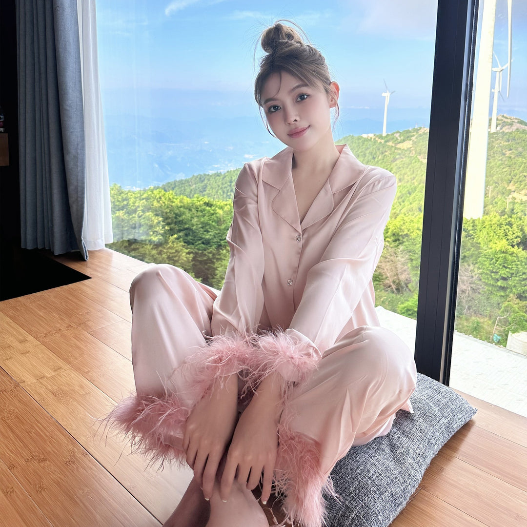 Ice Silk Satin Pajamas Feather Sleeve Homewear