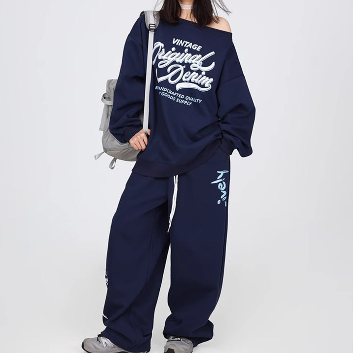 Navy Blue Off-Shoulder Sweater & Trousers Set – Women's Cotton Two-Piece Suit-SH-SS-002