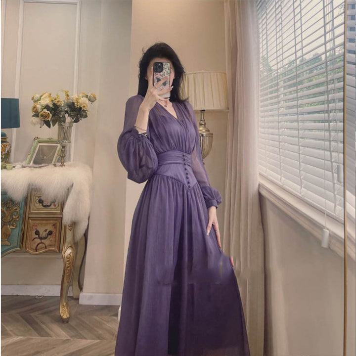 Feminine V-neck Long Sleeve Waist Dress