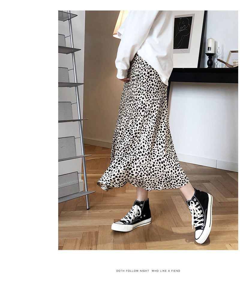 Lightly Mature Satin Leopard Print Skirt High Waist