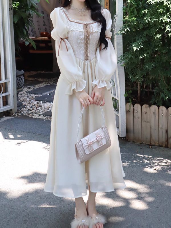 French Retro Long Dress Court Style Square Collar