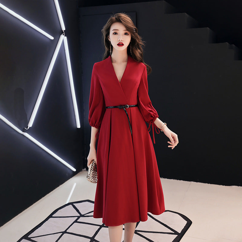 Long Sleeve Marriage Engagement Thank You Red Evening Dress