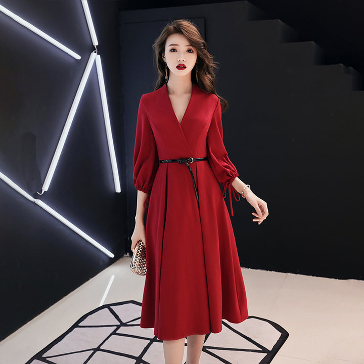 Long Sleeve Marriage Engagement Thank You Red Evening Dress