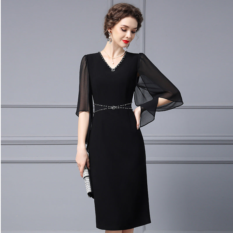 V-neck Studded Diamond Cape Yarn Sleeve Wrap Hip Skirt