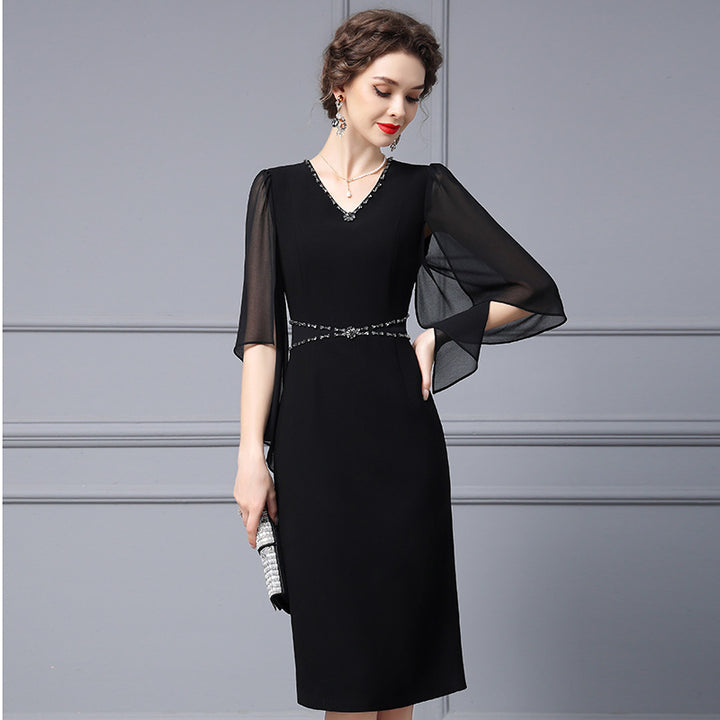 V-neck Studded Diamond Cape Yarn Sleeve Wrap Hip Skirt