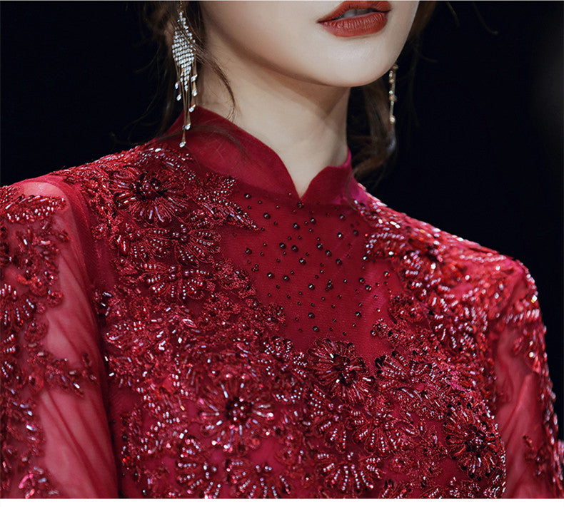 Long Sleeved Wine Red Banquet Temperament - JOcaste