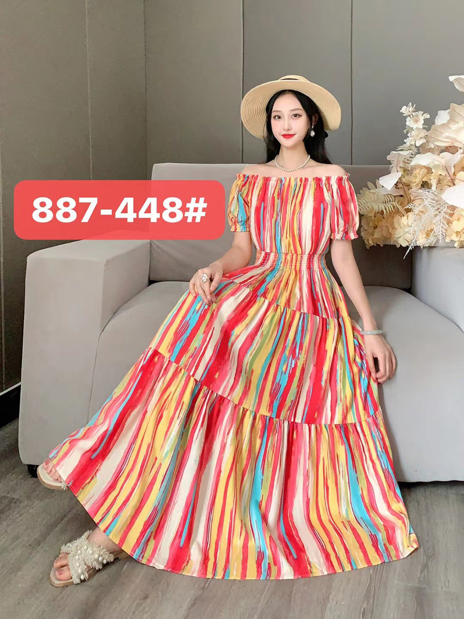 Travel Beach Off-neck Cotton Silk Floral Dress
