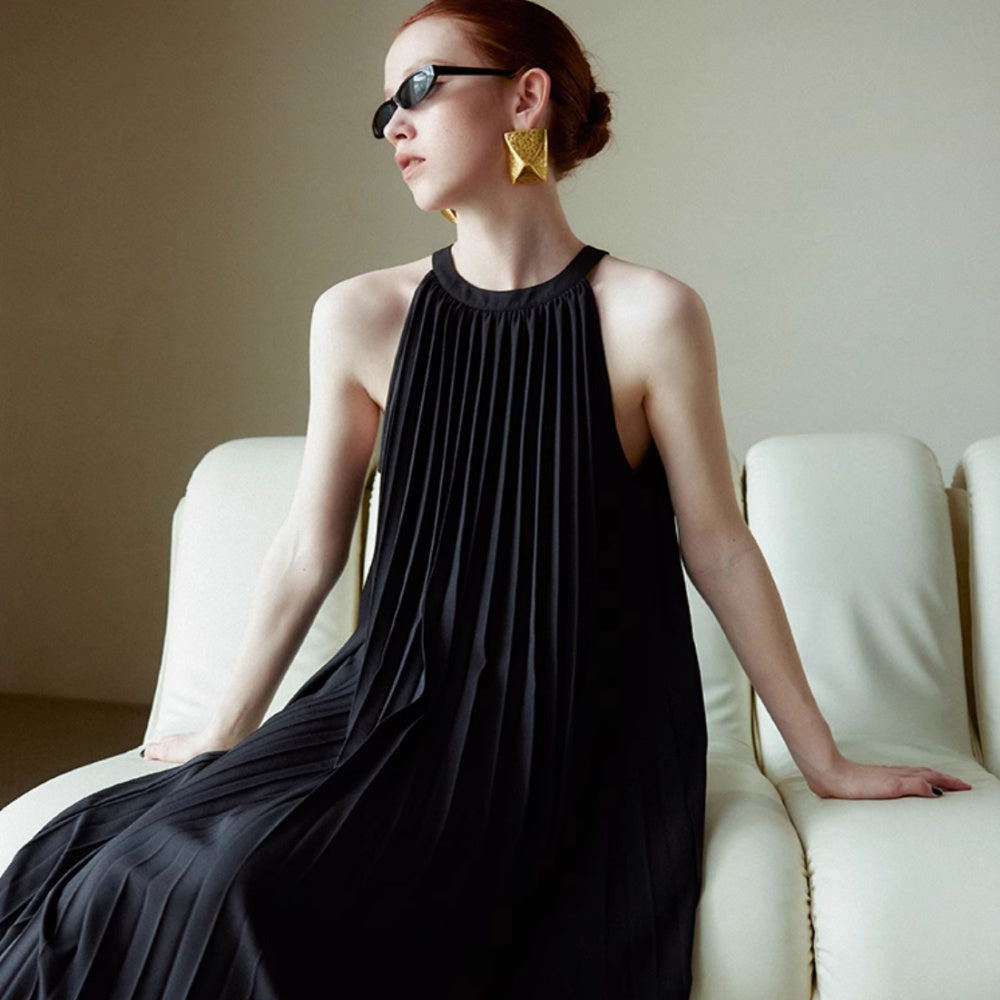 Organ Pleated Pleated Skirt Holiday Halter Dress