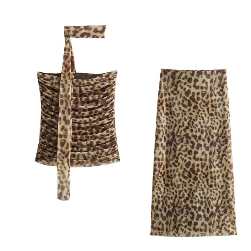 Summer Animal Print Halter Tube Top And Skirt Suit