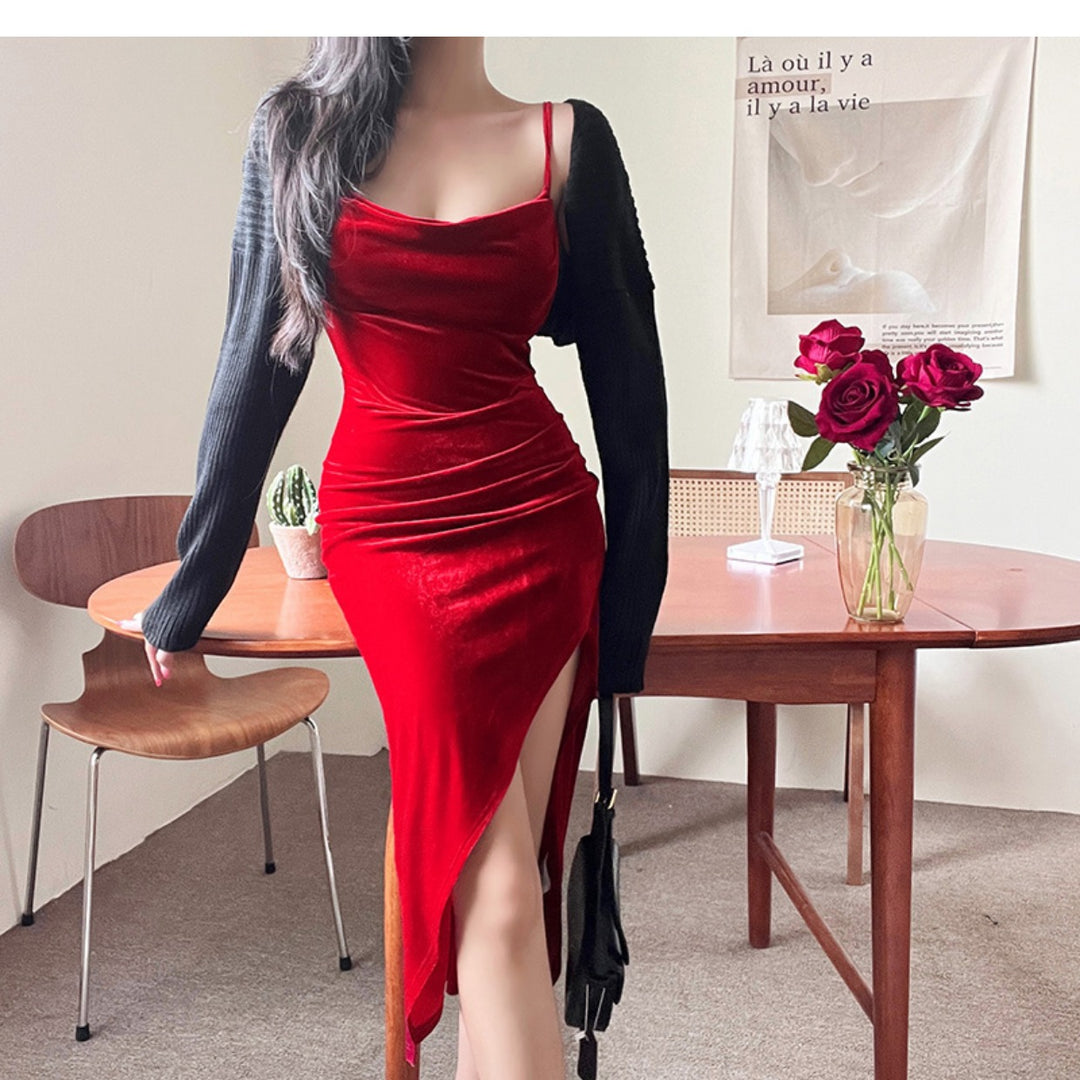 Christmas Red Dress With Waist Folds And Slit