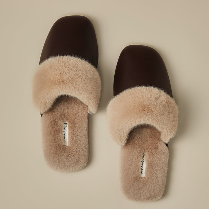 Women’s Fur Collar Home Slippers - Warm PU Upper, Simple Design, Sizes 36-45