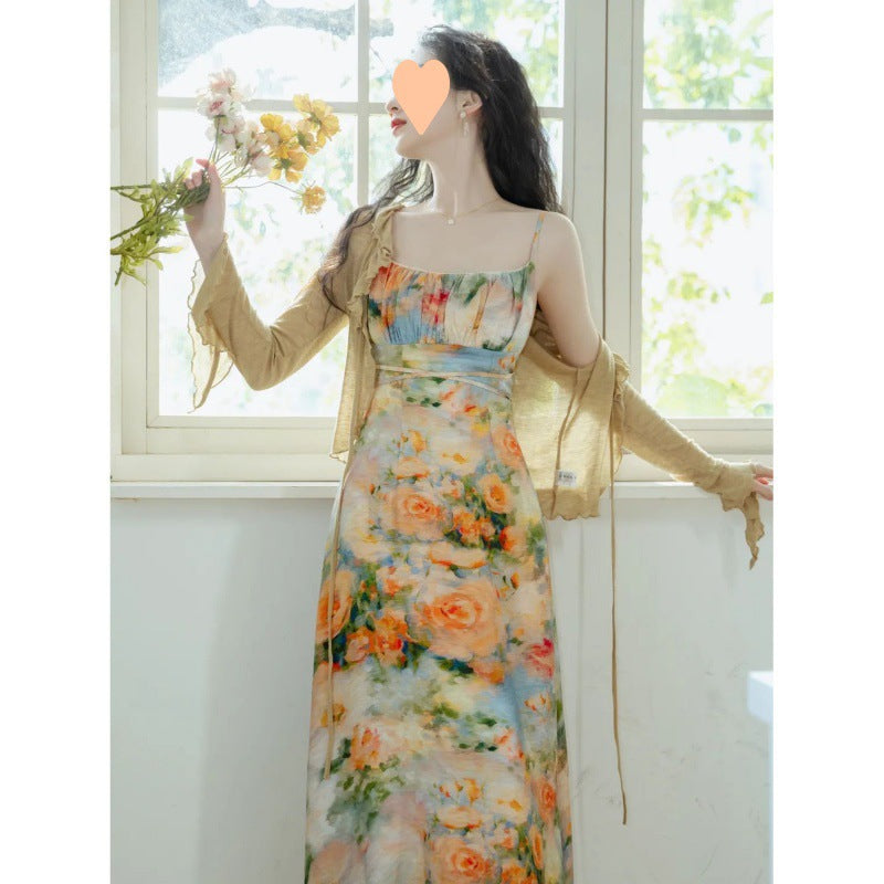 Vintage Skirt French Dress Oil Painting Suspender Cardigan With Two-piece Set
