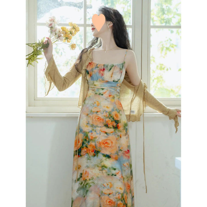 Vintage Skirt French Dress Oil Painting Suspender Cardigan With Two-piece Set