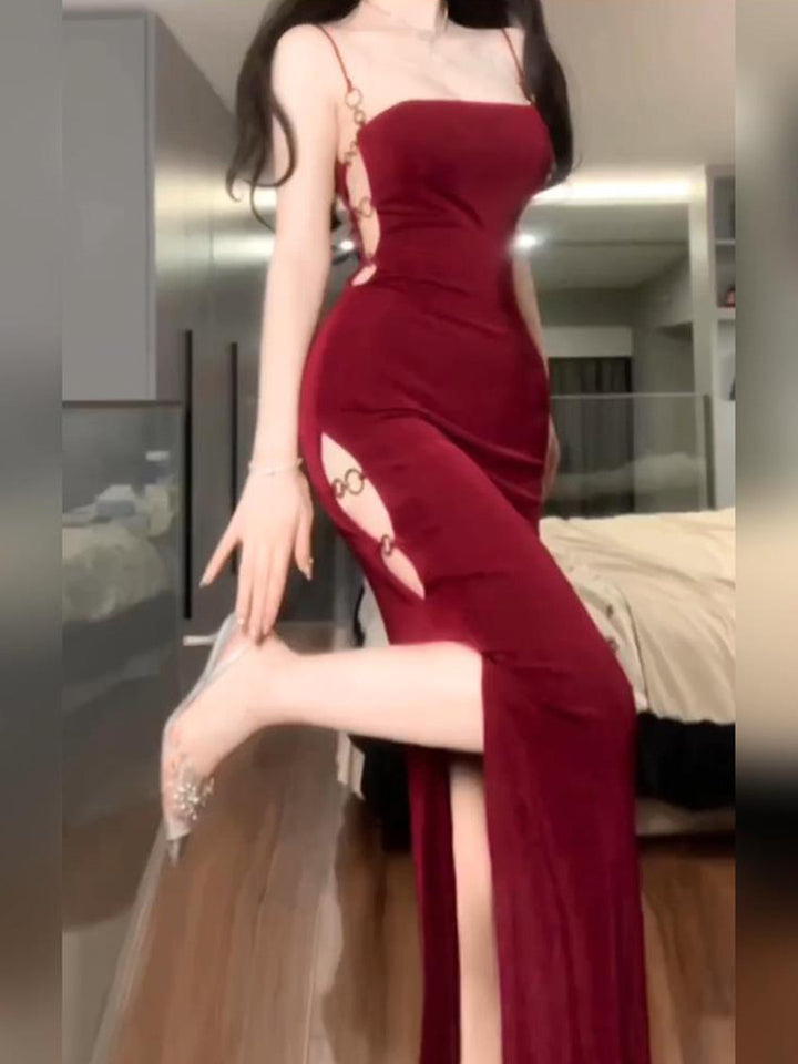 Slim-fit Slit Hip-wrapped Hollow Red Sling Dress