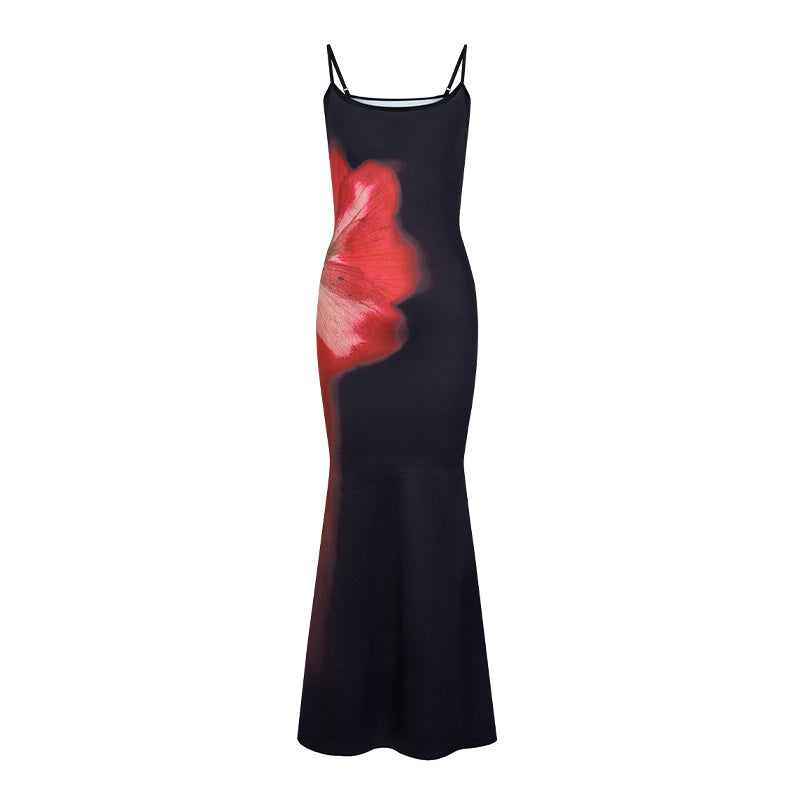 Positioning Printing Waist-tight Sheath Fishtail Sling Dress
