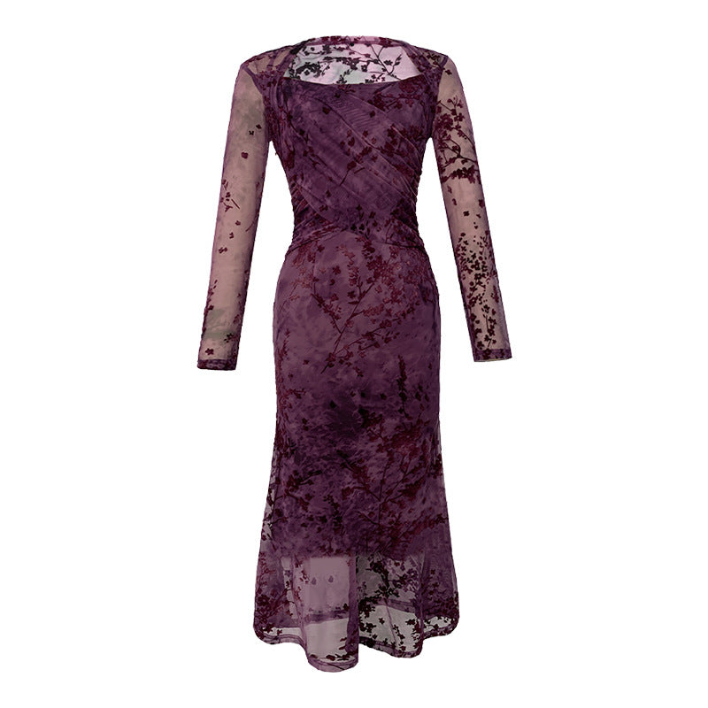 Female French Square Collar Plum Woven Velvet Mesh Yarn Slim Fishtail Dress