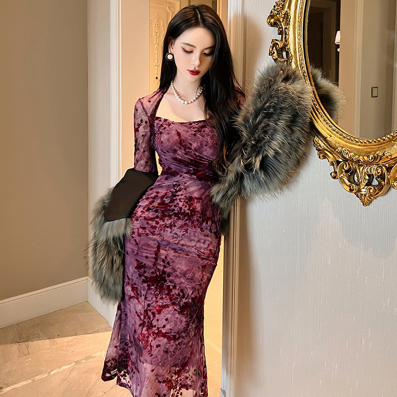 Female French Square Collar Plum Woven Velvet Mesh Yarn Slim Fishtail Dress