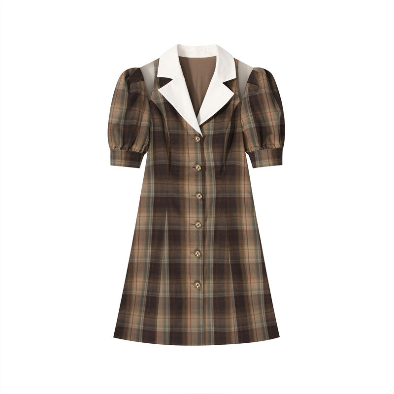 Contrasting Lapel Lapel Sweet Waist Ladies Retro Dress