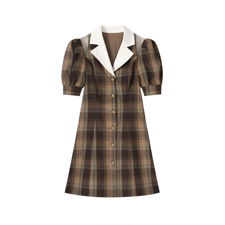 Contrasting Lapel Lapel Sweet Waist Ladies Retro Dress