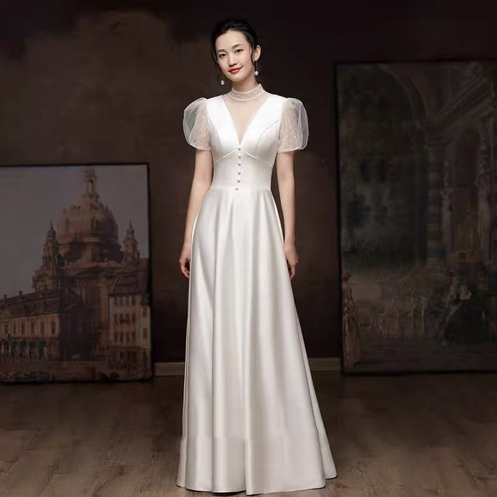 White Engagement Wedding Dress Female French Satin Light Wedding Dress - JOcaste